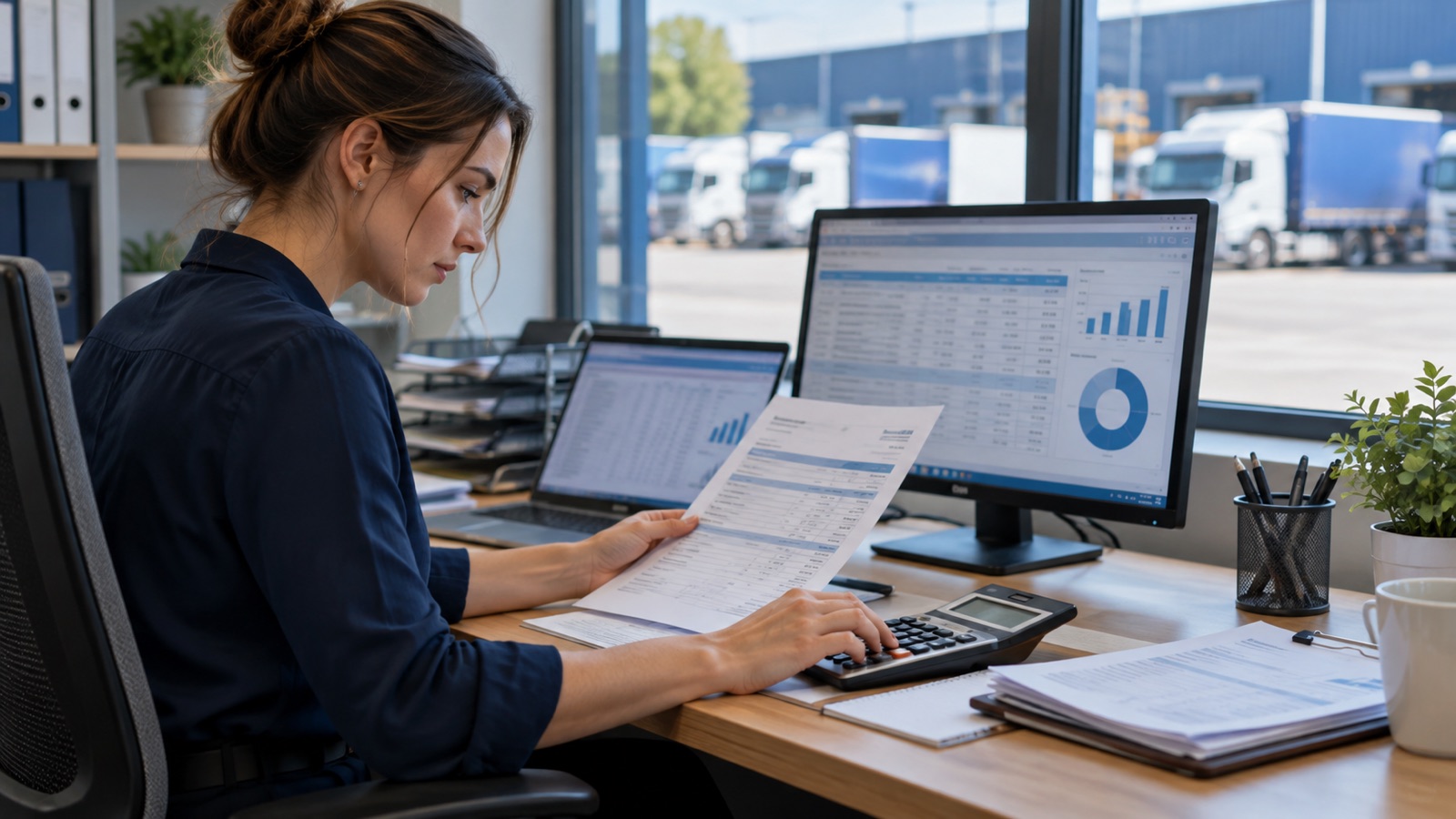 Transport administrator comparing a carrier invoice with a shipment cost table.