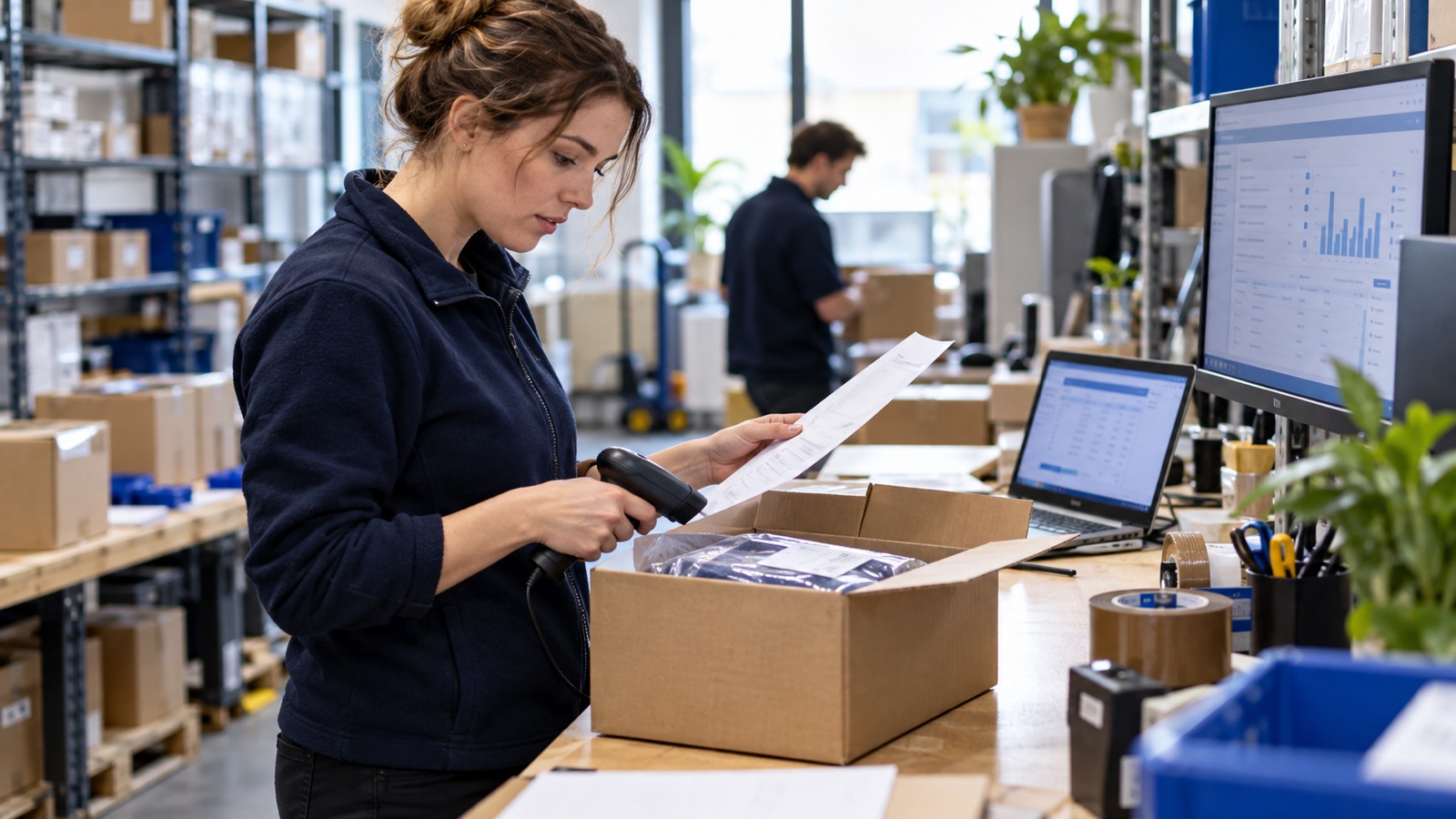 E-commerce coordinator reviewing an order exception beside a parcel-packing station.