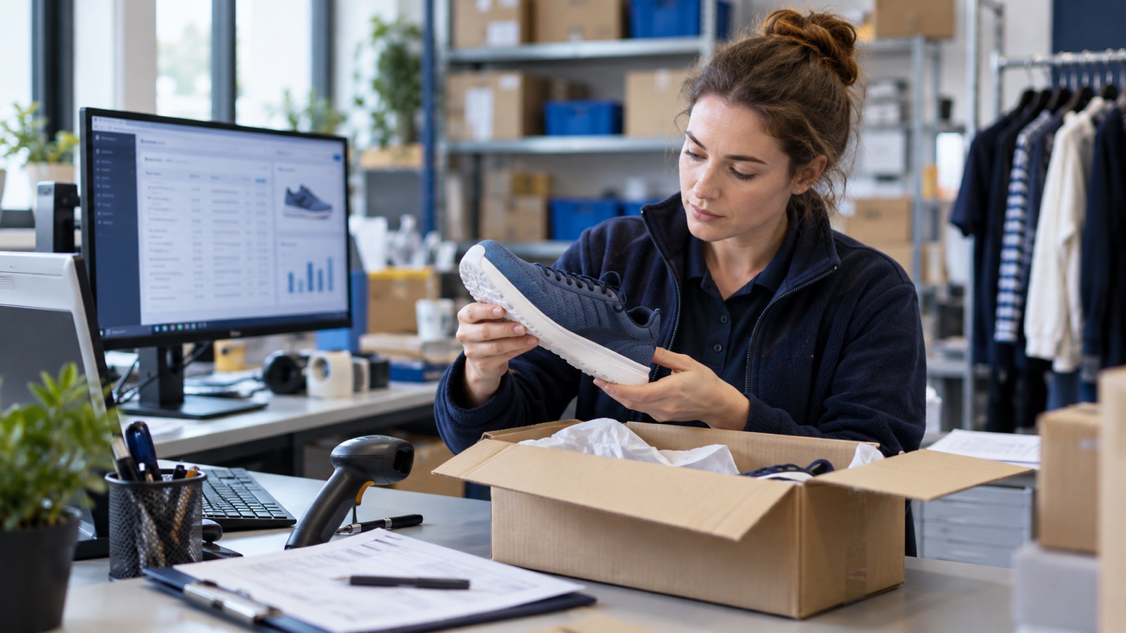 Retail returns assistant inspecting a returned product beside its order record.