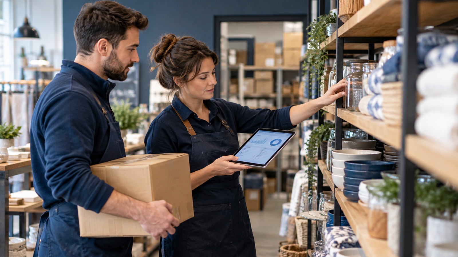 Shop inventory manager checking shelf stock with a tablet and a stockroom colleague.