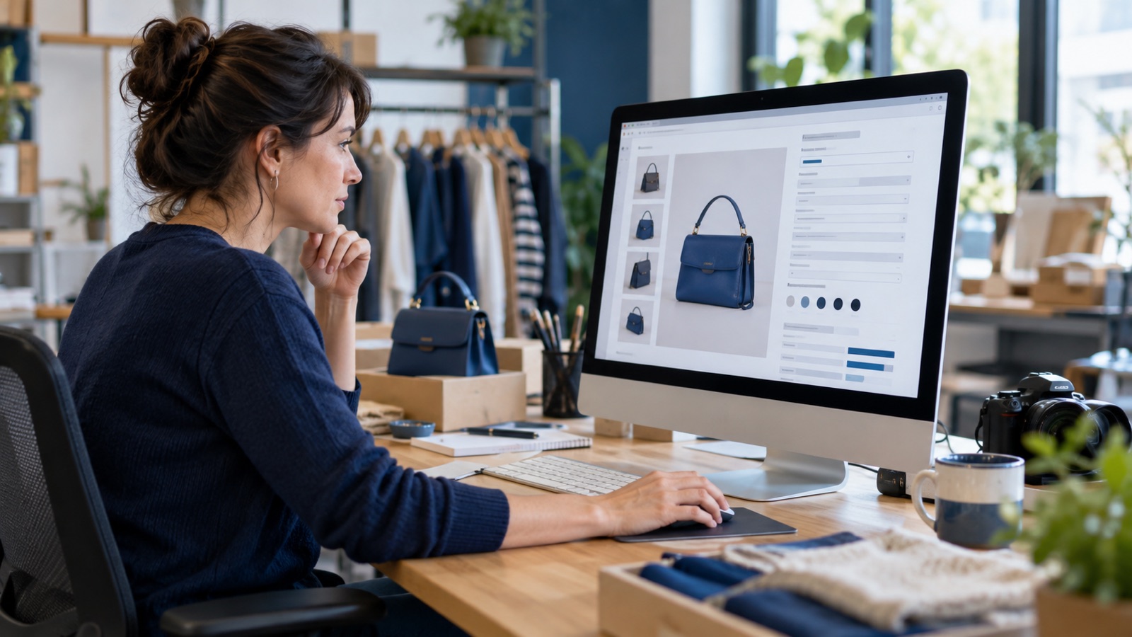 E-commerce merchandiser checking product photographs and listing details at a desktop computer.