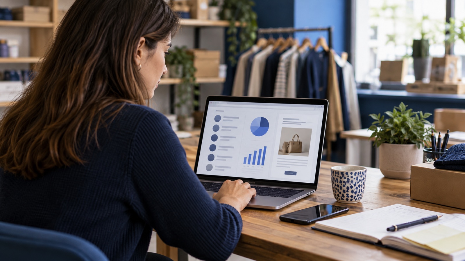 Retail marketer reviewing anonymous purchase segments and a campaign draft on a laptop.