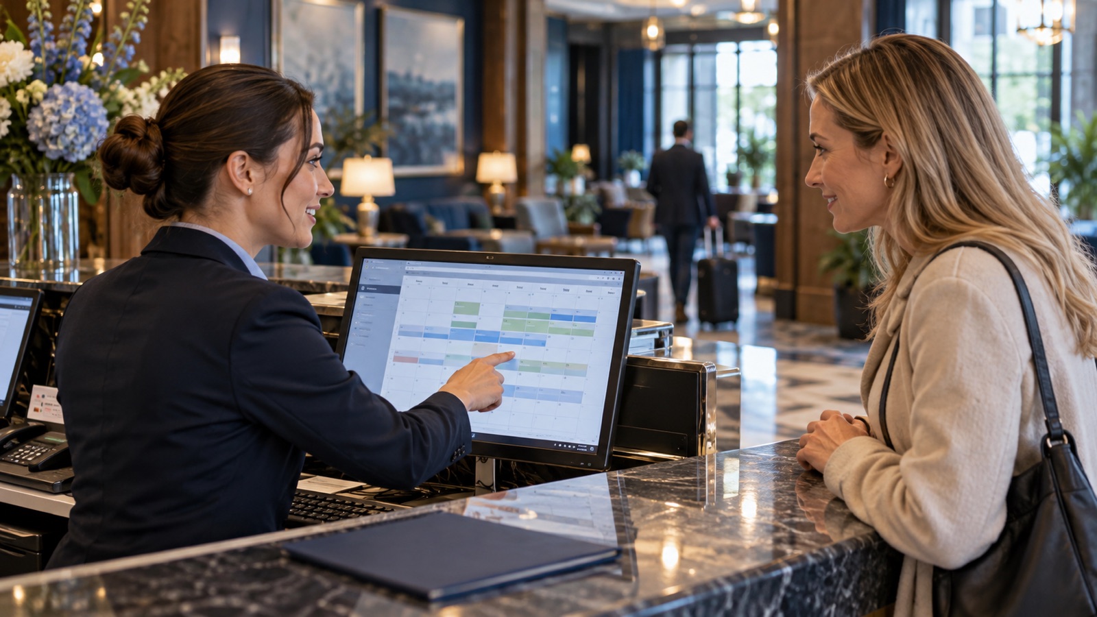 Hotel receptionist checking a reservation calendar while speaking to a guest.