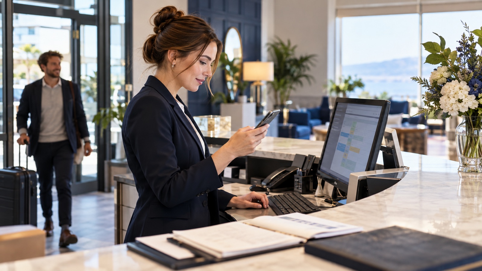Hospitality coordinator reviewing a guest arrival message at a bright reception desk.