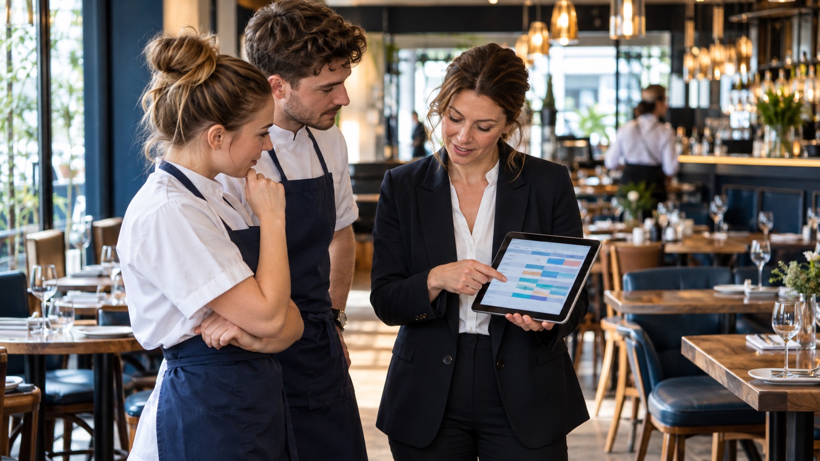 Restaurant manager discussing a weekly rota on a tablet with two team members.