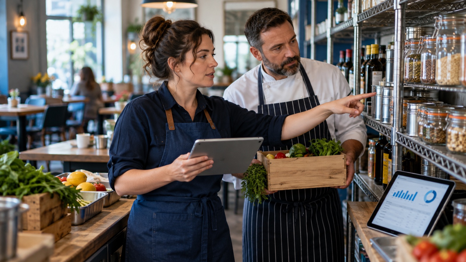 Cafe manager and chef checking pantry stock beside a supplier order tablet.