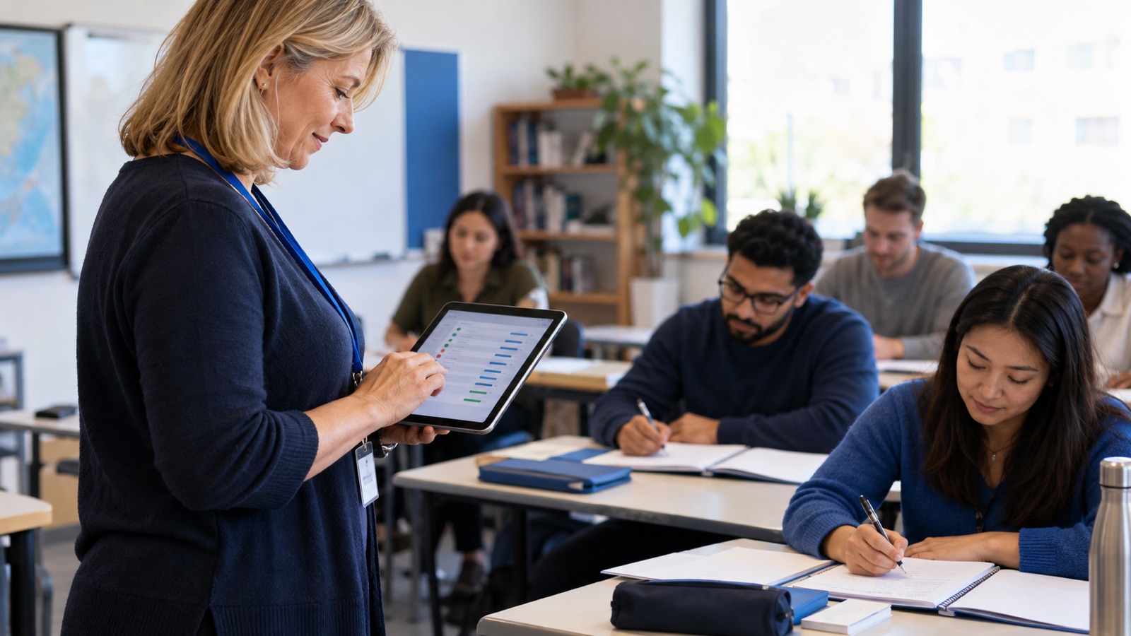 Adult learning tutor checking an attendance register on a tablet in a classroom.
