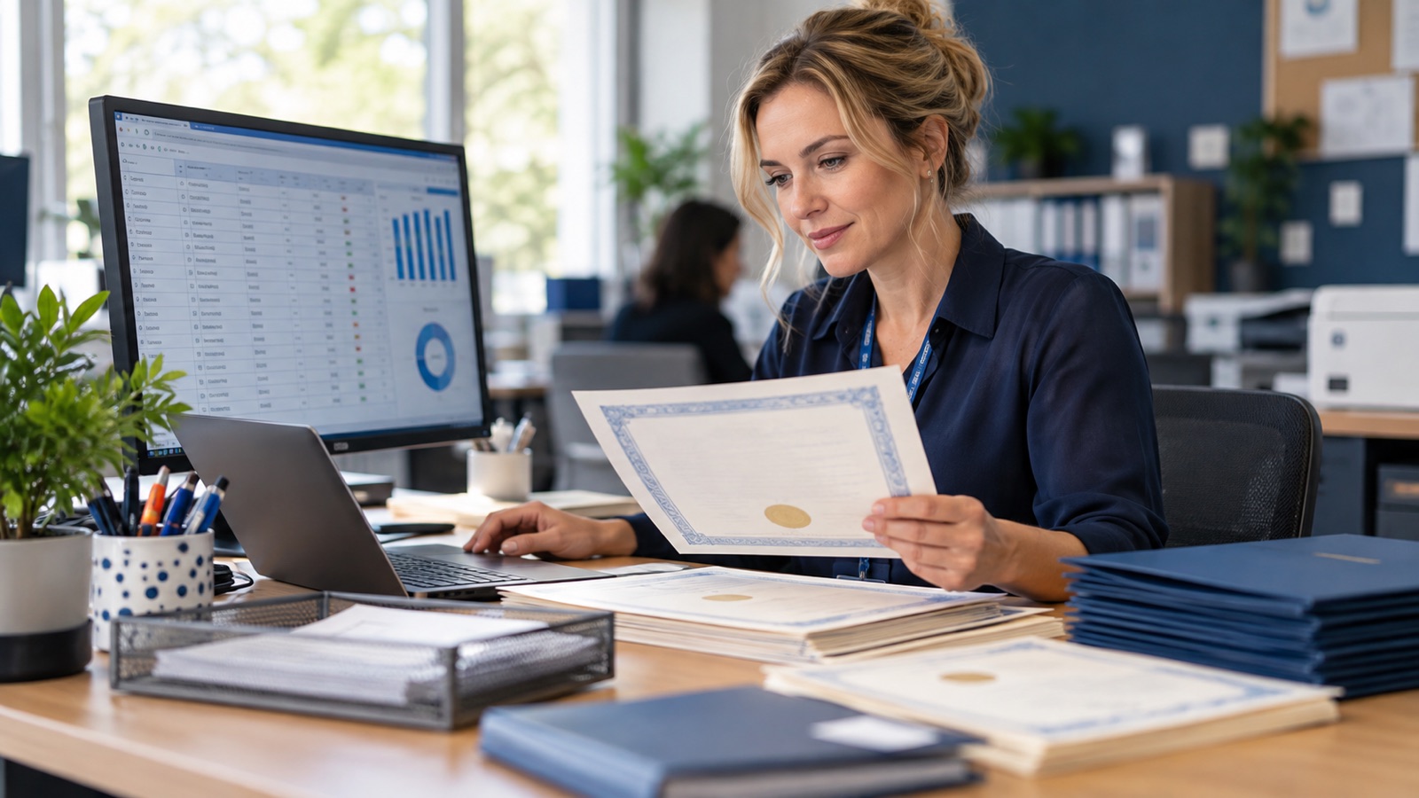 Training administrator checking a certificate draft beside an approved completion register.