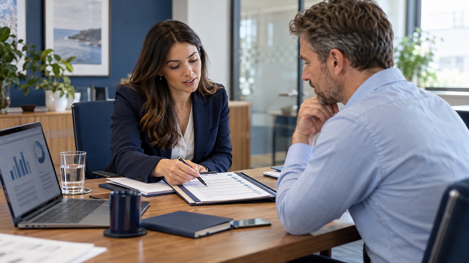 Insurance onboarding administrator checking a document checklist with a client in a meeting room.