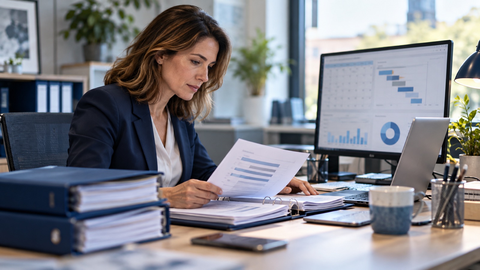 Insurance adviser reviewing renewal dates and policy folders at a workstation.