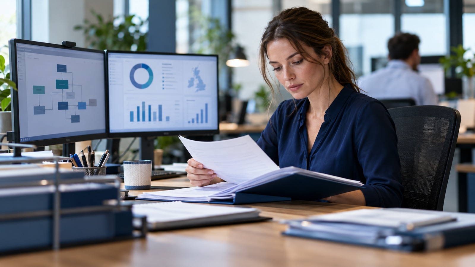 Claims administrator reviewing anonymous claim documents beside a routing dashboard.