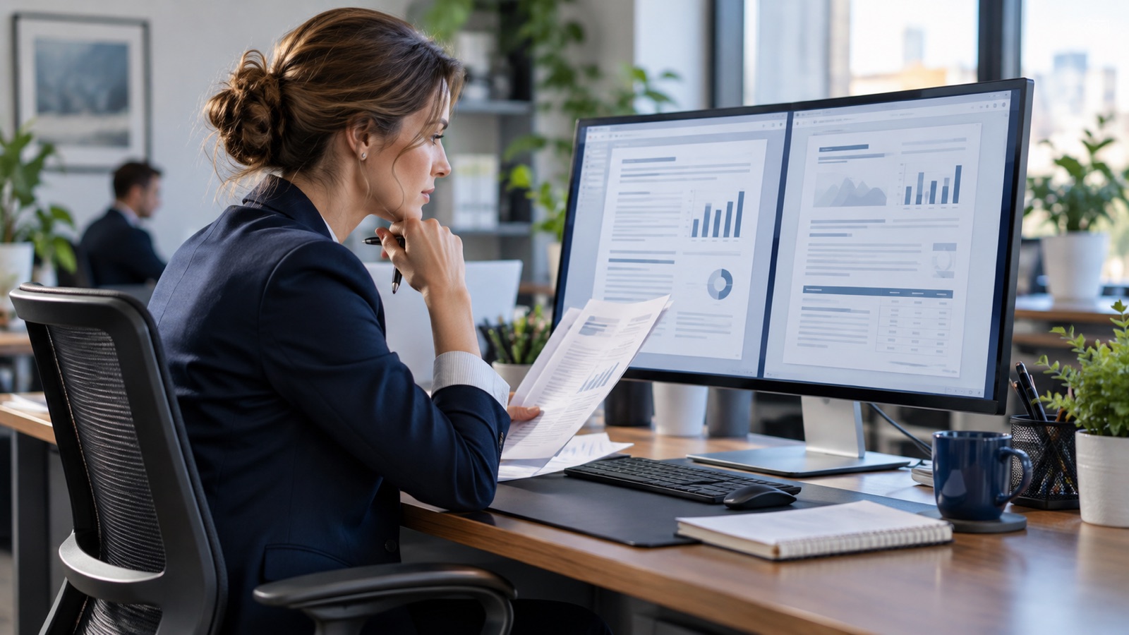 Insurance specialist comparing two policy documents side by side on a large monitor.