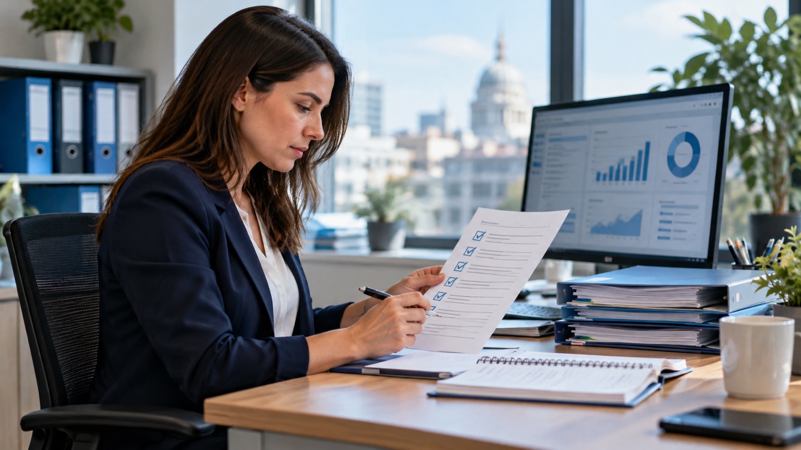Compliance reporting analyst reviewing an evidence checklist with organised folders and a monitor.