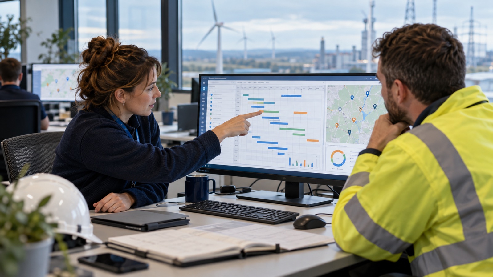 Maintenance planner reviewing a field-service calendar with an engineer in safety clothing.