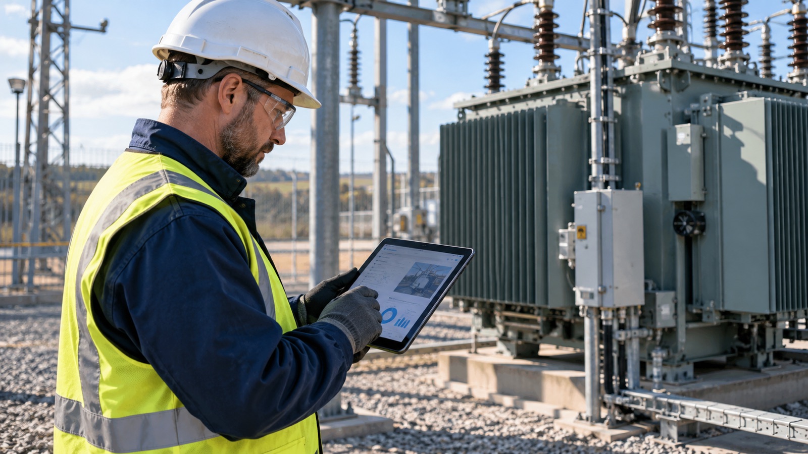 Engineer in appropriate safety equipment recording an asset inspection on a tablet near utility equipment.