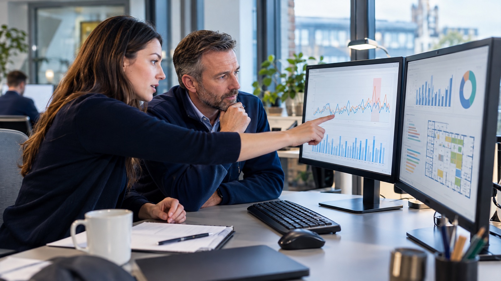 Facilities analyst comparing energy consumption charts with a building manager at a workstation.