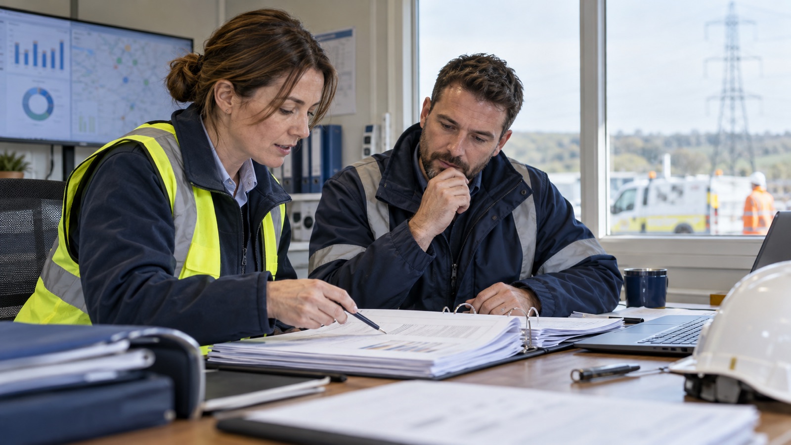Utilities contractor coordinator reviewing approval documents with an engineer at a site office.