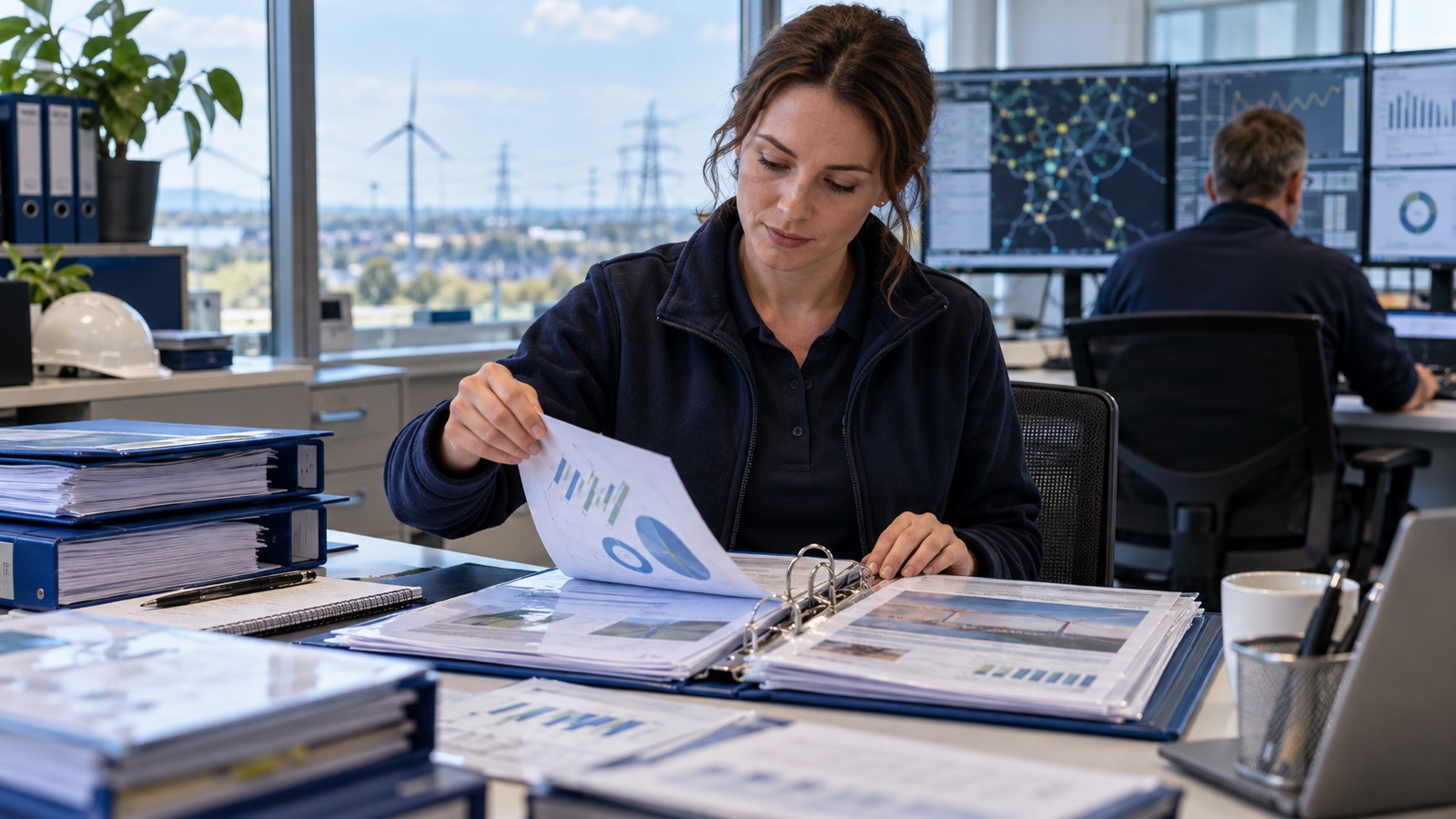 Energy operations coordinator assembling inspection folders and reporting charts in a control office.