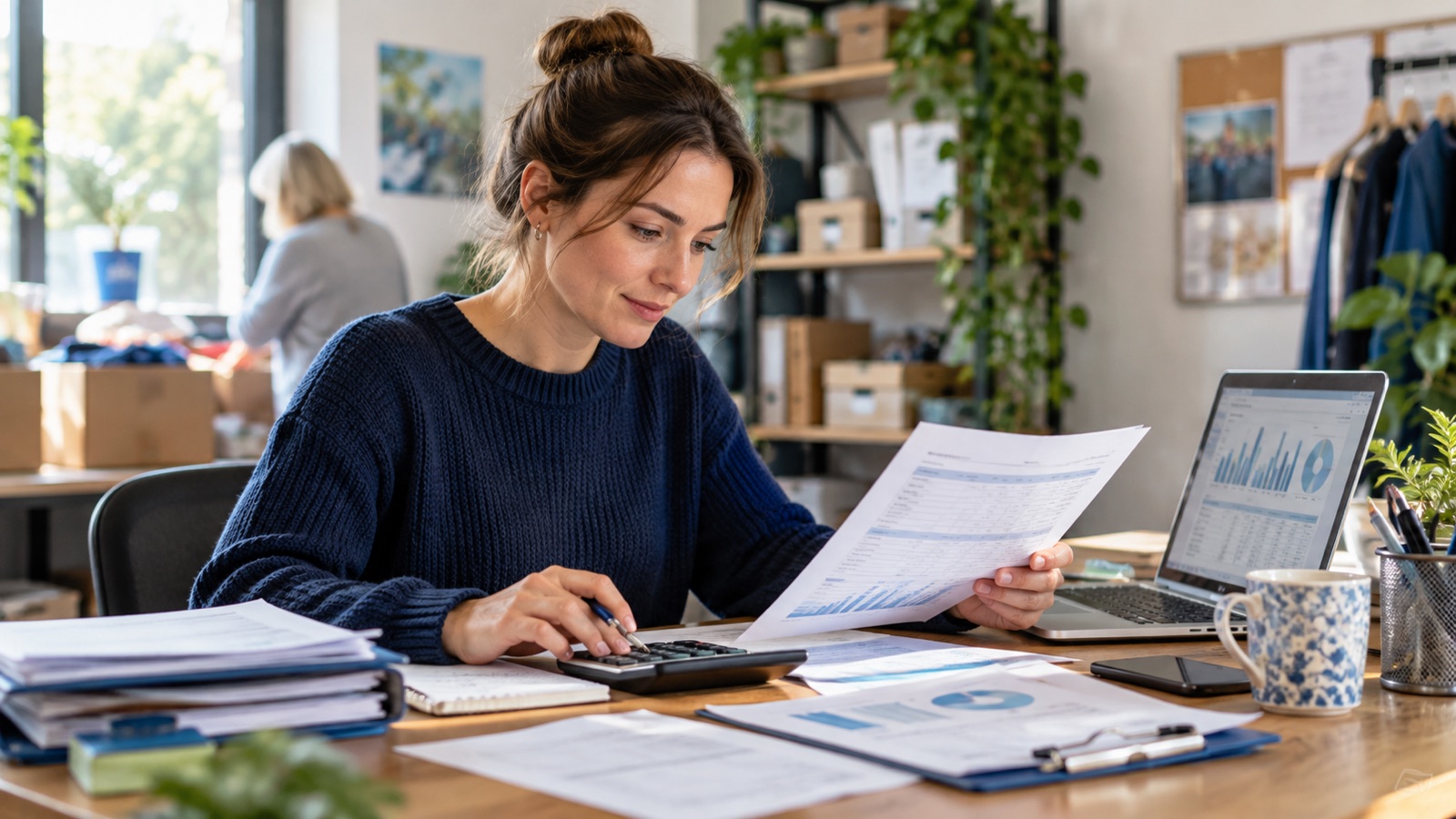 Charity finance volunteer comparing donation records with a payment report at a community office desk.
