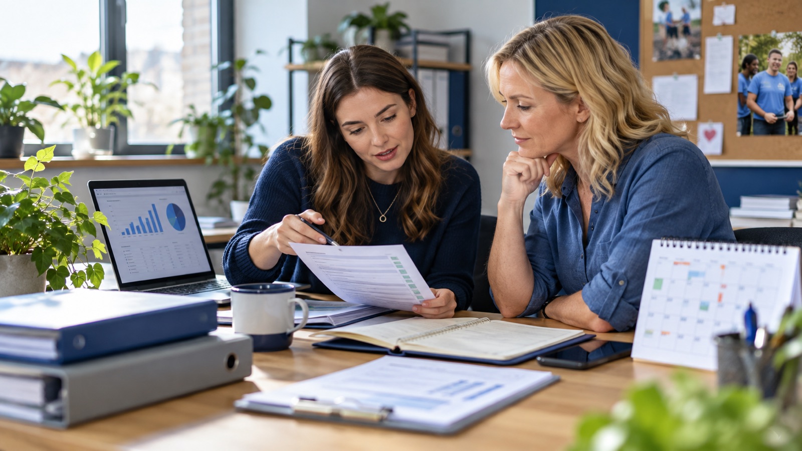 Charity coordinator reviewing a grant checklist and calendar with a colleague.