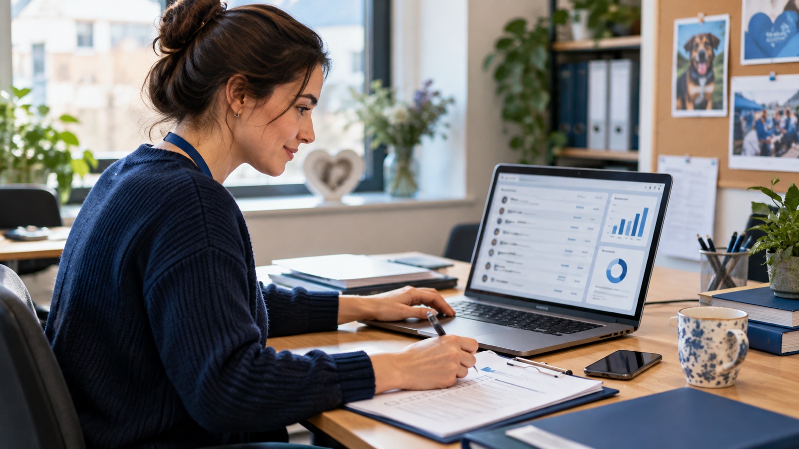 Fundraising coordinator reviewing anonymous supporter records and a follow-up checklist on a laptop.