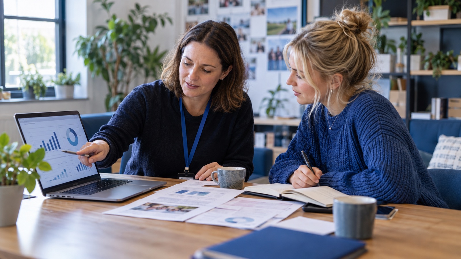 Charity programme manager reviewing impact charts and anonymised activity notes with a volunteer.