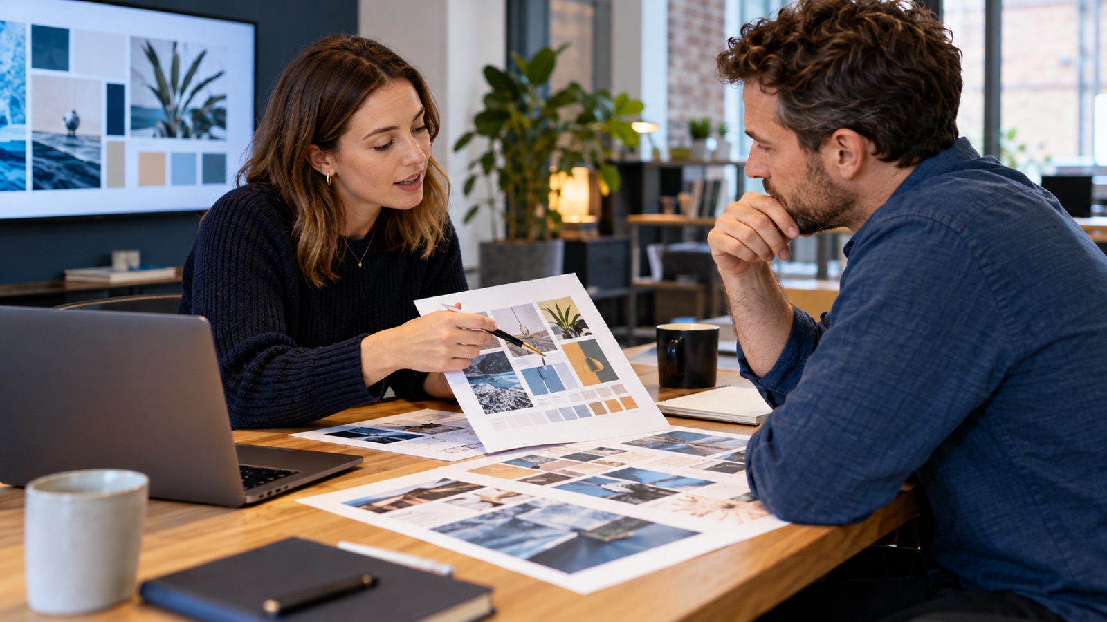 Agency account manager reviewing a structured creative brief and moodboard with a client.