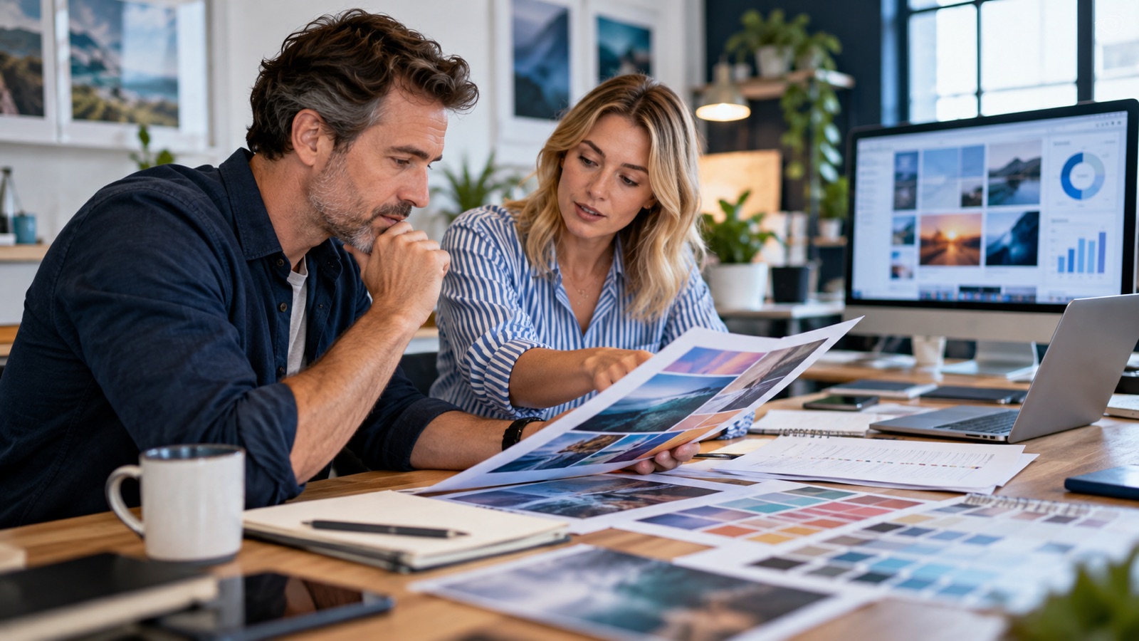 Creative director and account manager reviewing campaign artwork and an approval checklist.