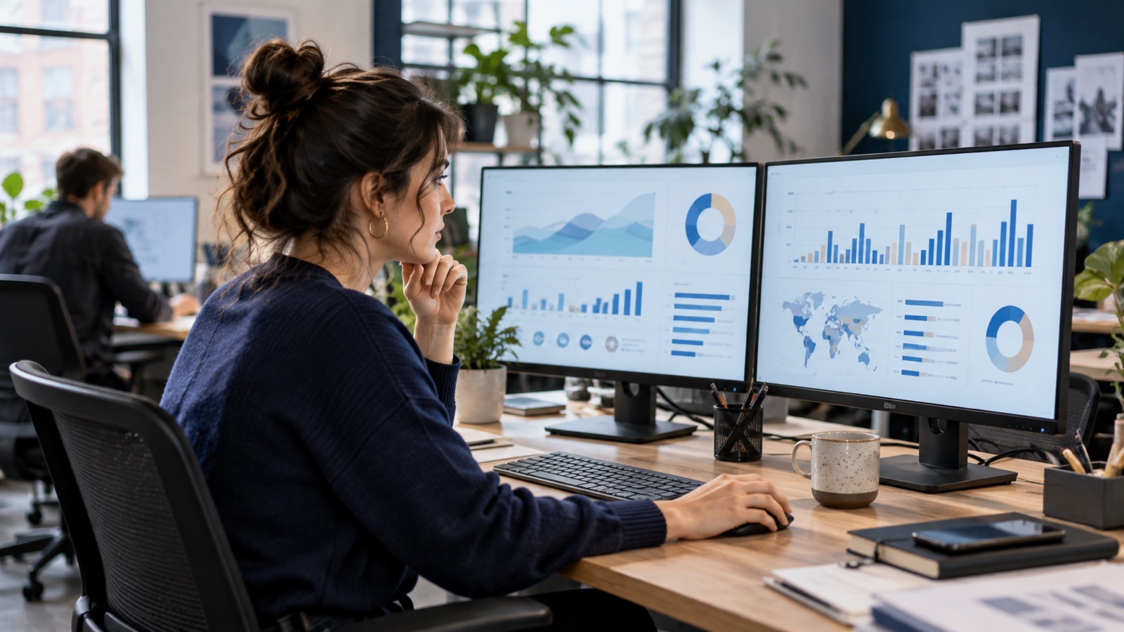 Marketing analyst comparing campaign charts across two monitors in a creative studio.