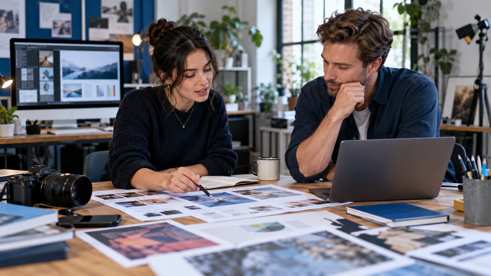 Content producer reviewing a draft and image storyboard with an editor at a studio table.
