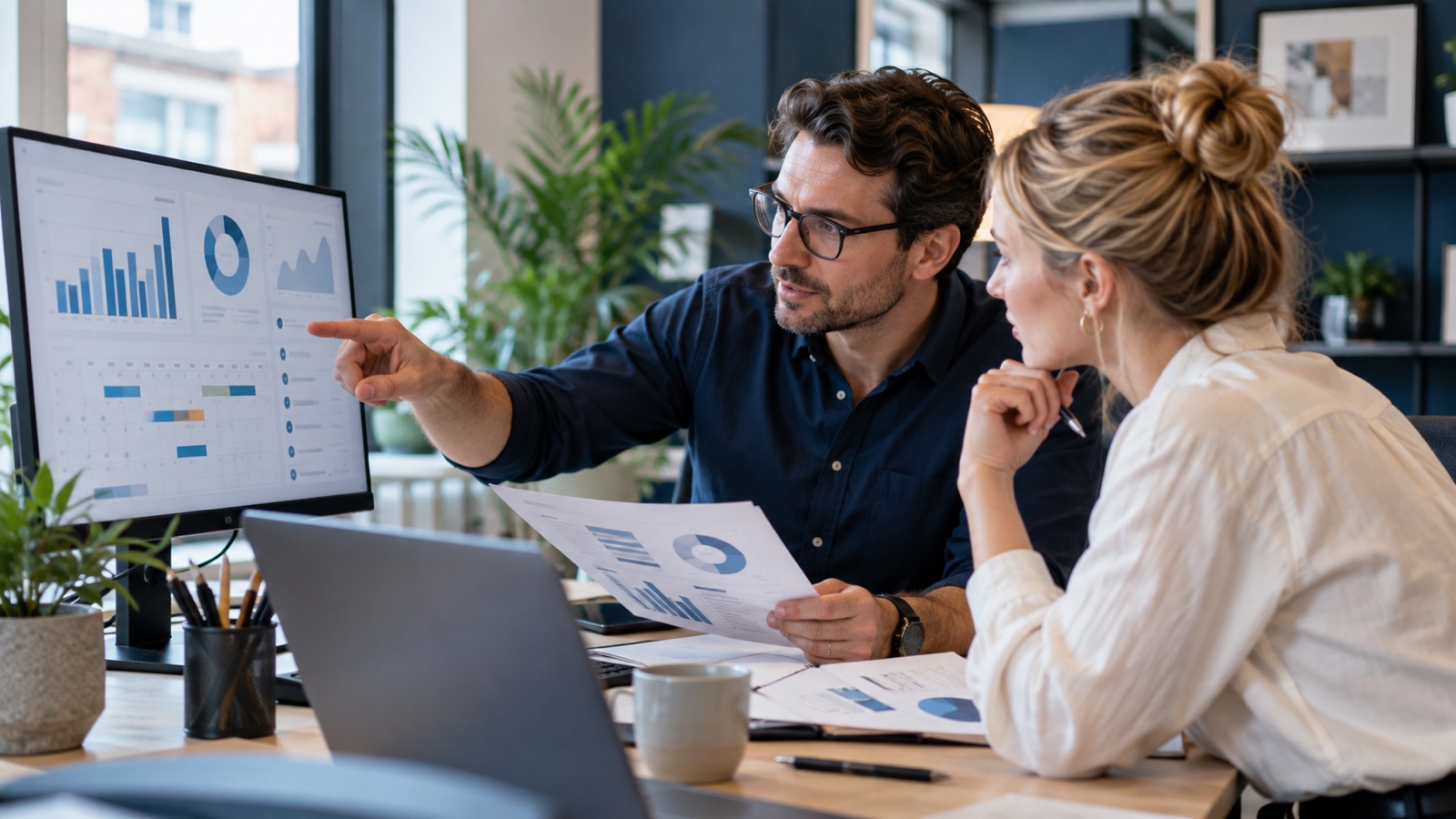 Agency account director reviewing a client report and renewal calendar with a colleague.