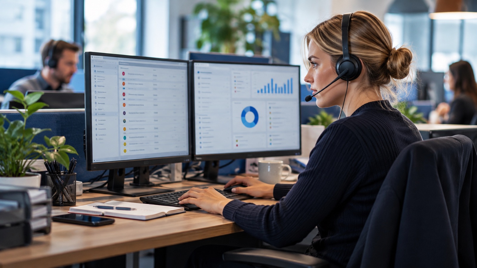 IT service desk analyst categorising tickets on dual monitors while wearing a headset.