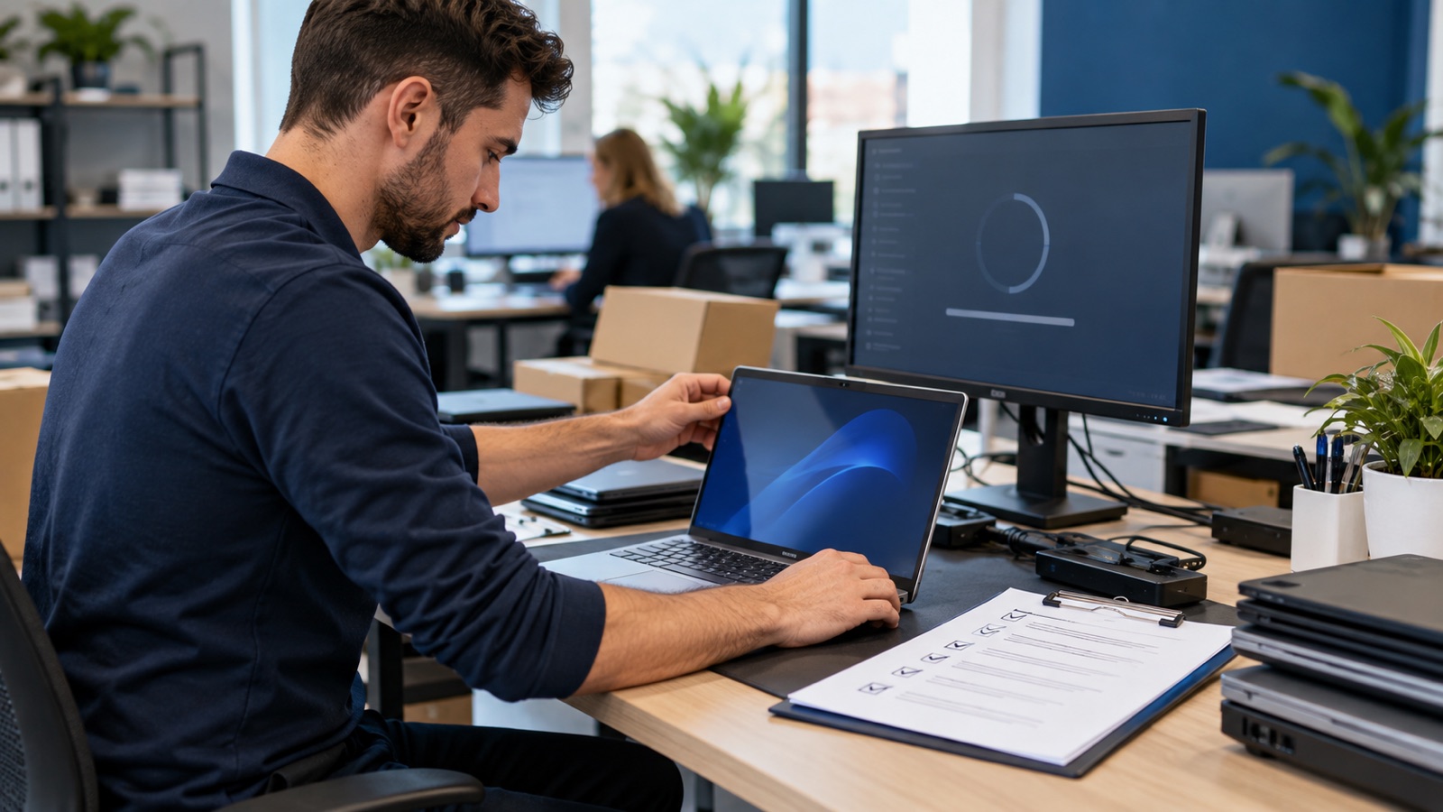 IT onboarding engineer preparing a laptop beside a checked provisioning task list.
