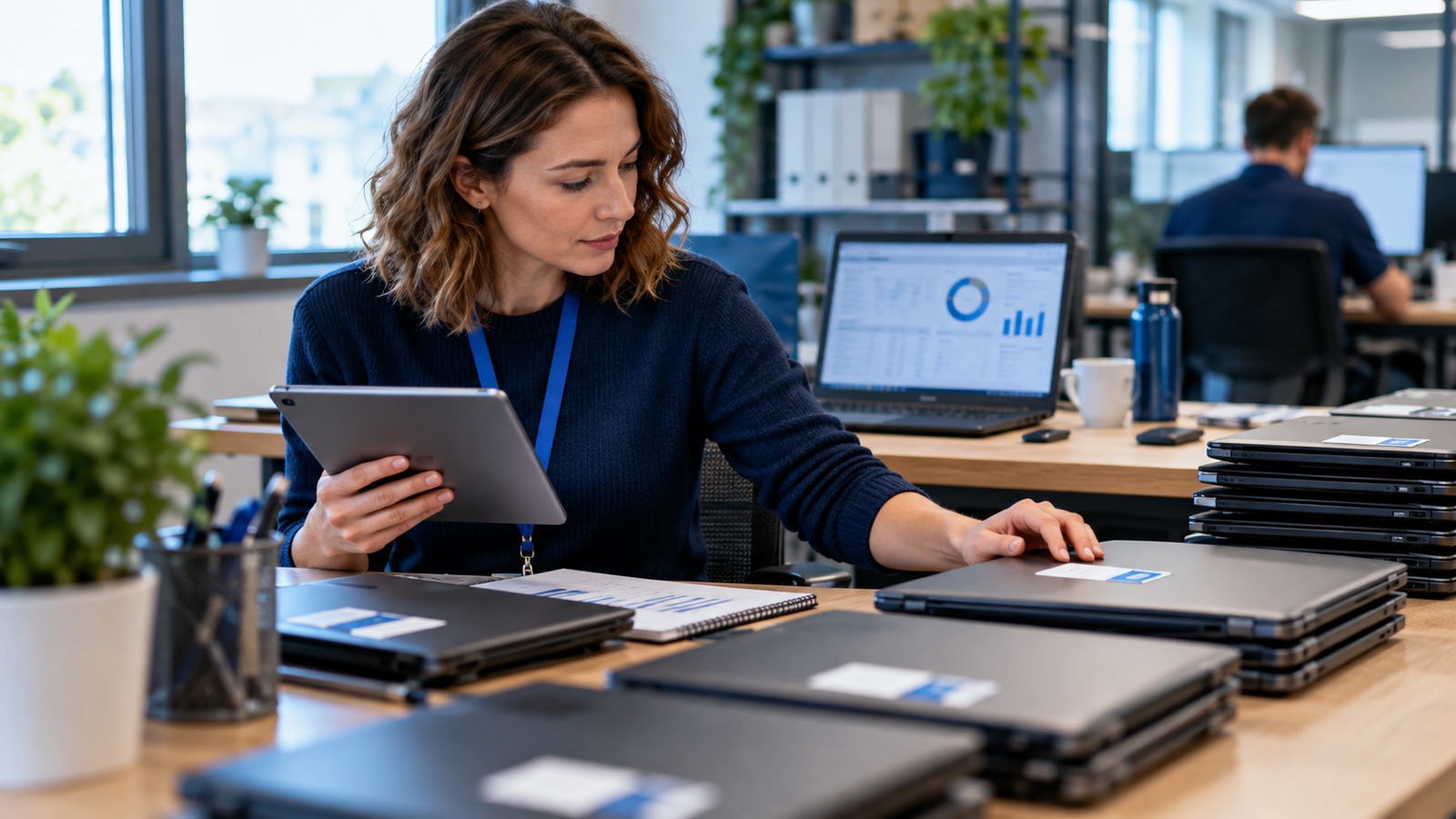 IT asset coordinator checking device inventory and licence dates beside tagged laptops.