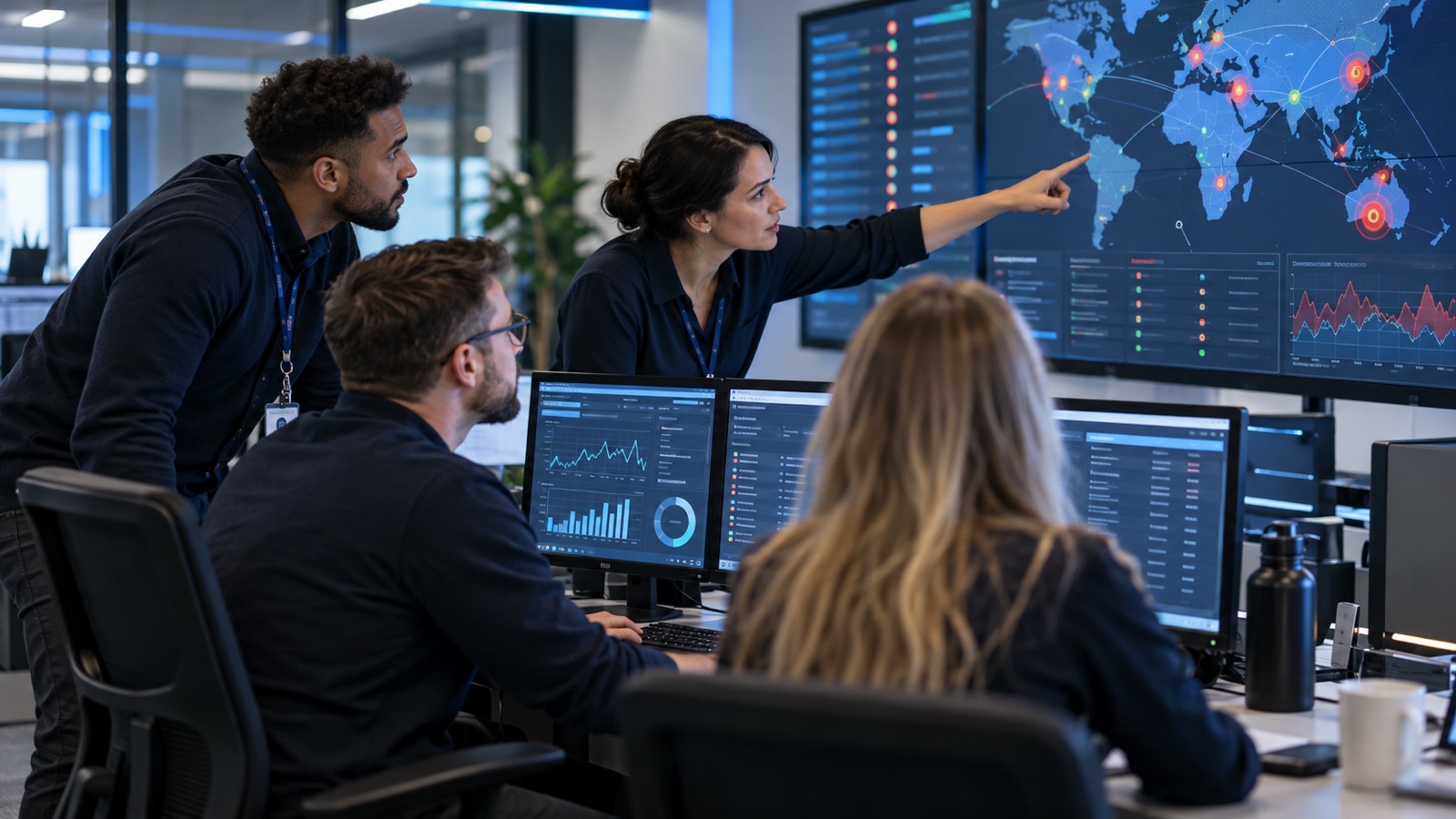 IT incident team reviewing a service-status screen together in a network operations room.