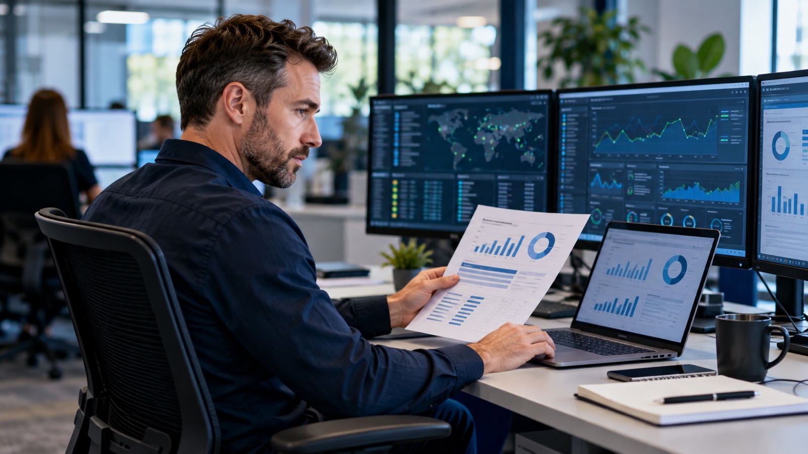 IT service manager reviewing SLA charts and a customer report beside network monitoring screens.