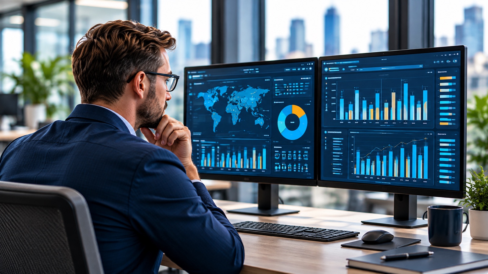 Business analyst reviewing blue charts and a world map on two monitors.