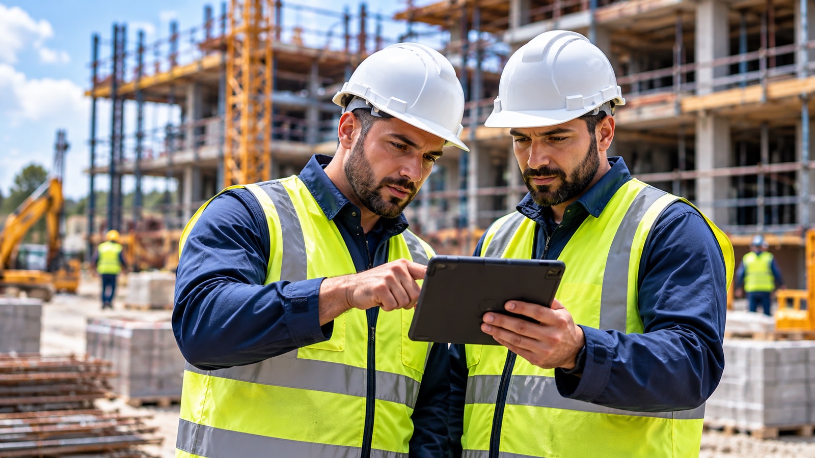 Two construction professionals checking a tablet on a building site.