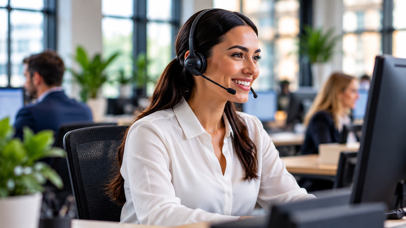 Customer service agent wearing a headset at her workstation.
