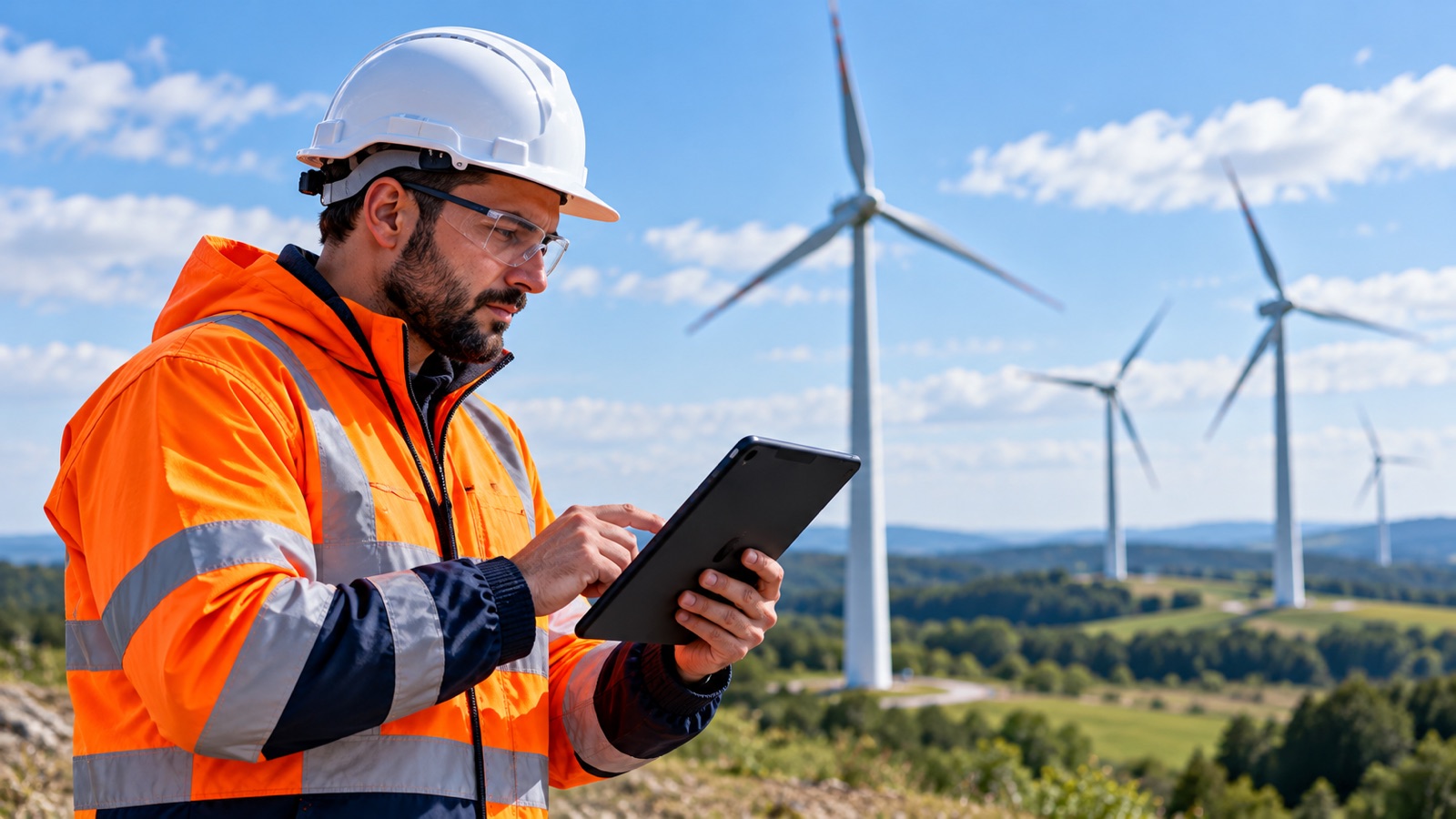Energy engineer checking a tablet beside wind turbines.