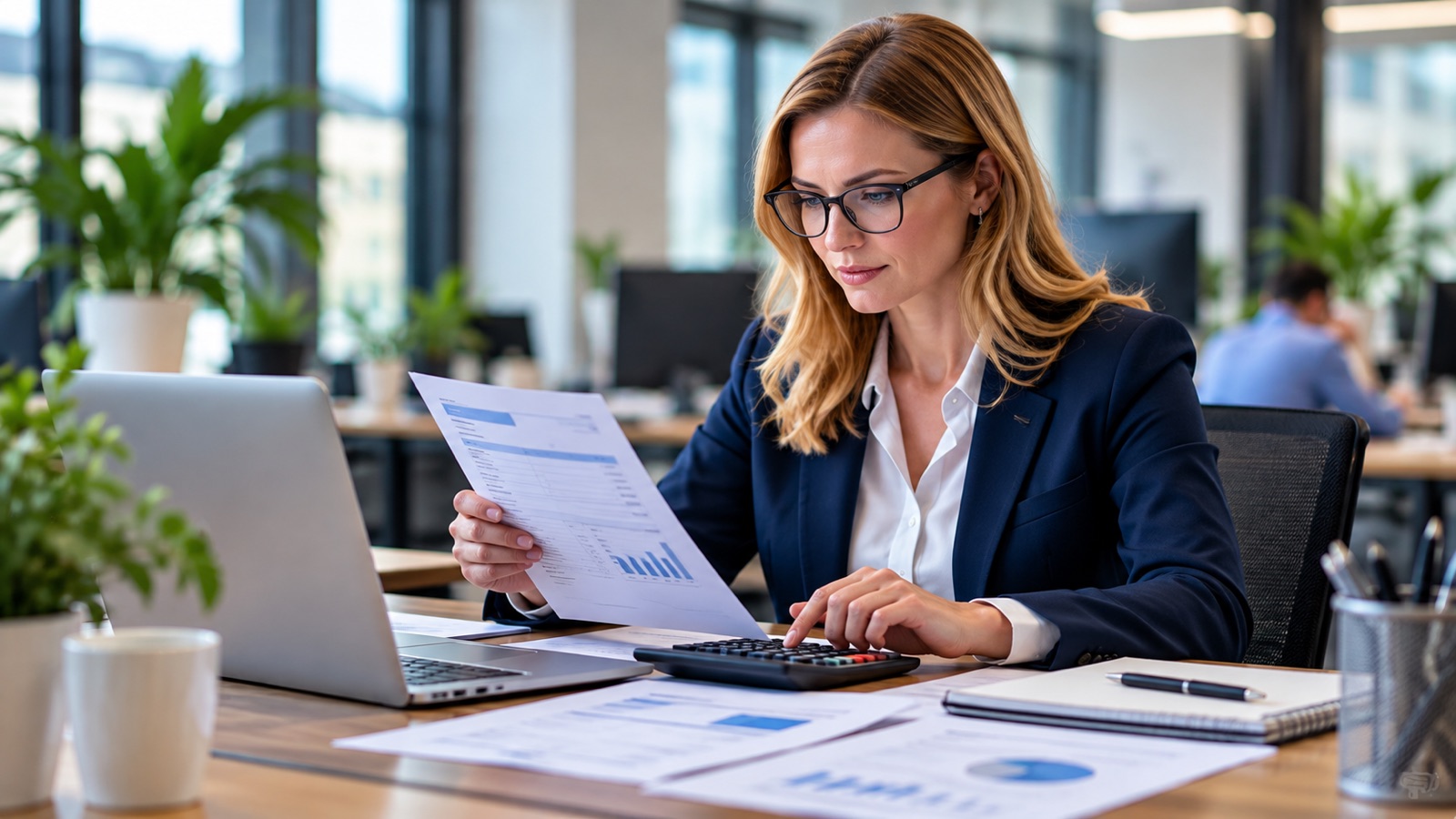 Accountant reviewing an invoice beside a laptop and calculator.