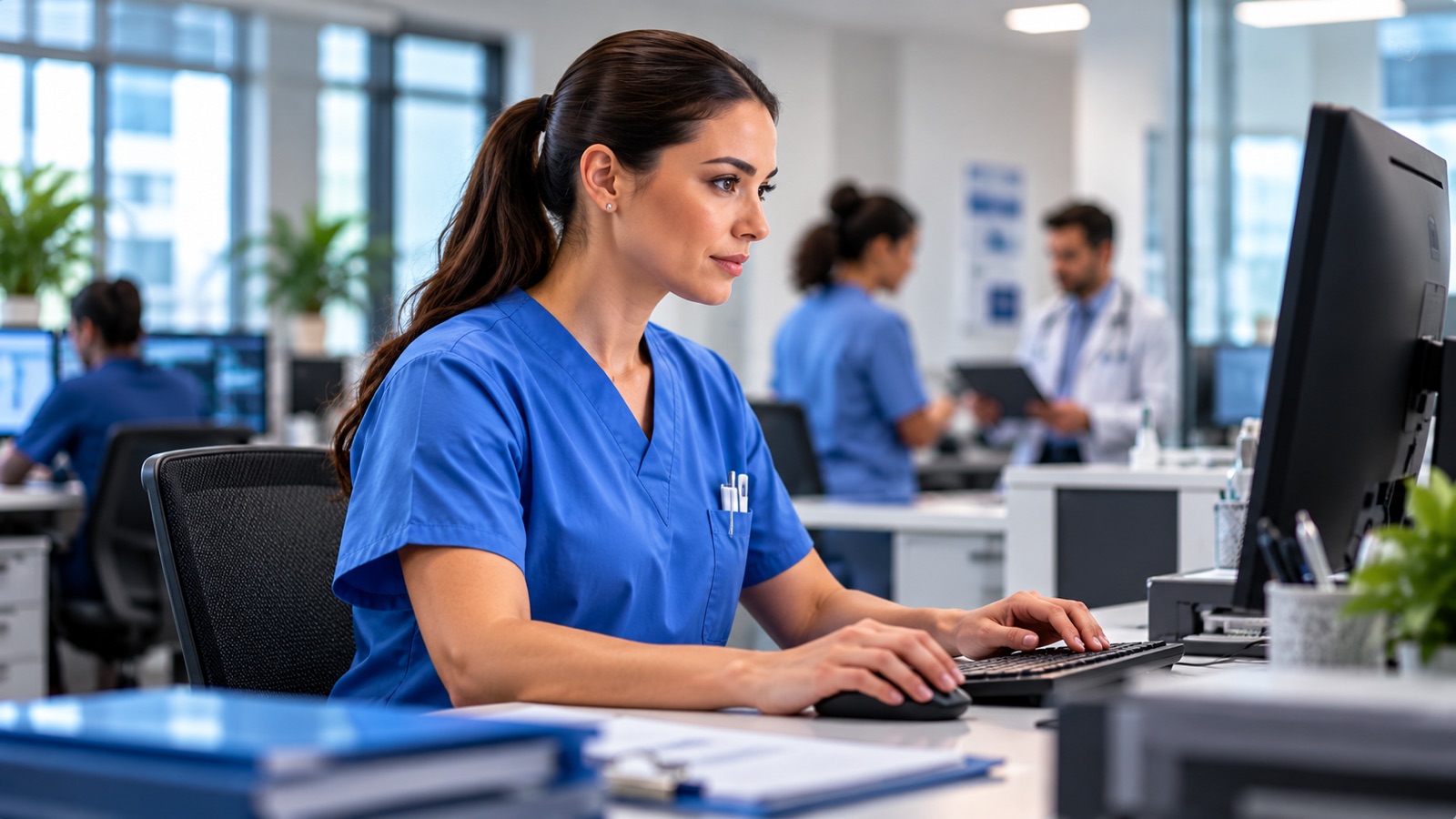 Healthcare administrator working at a computer in a clinical office.