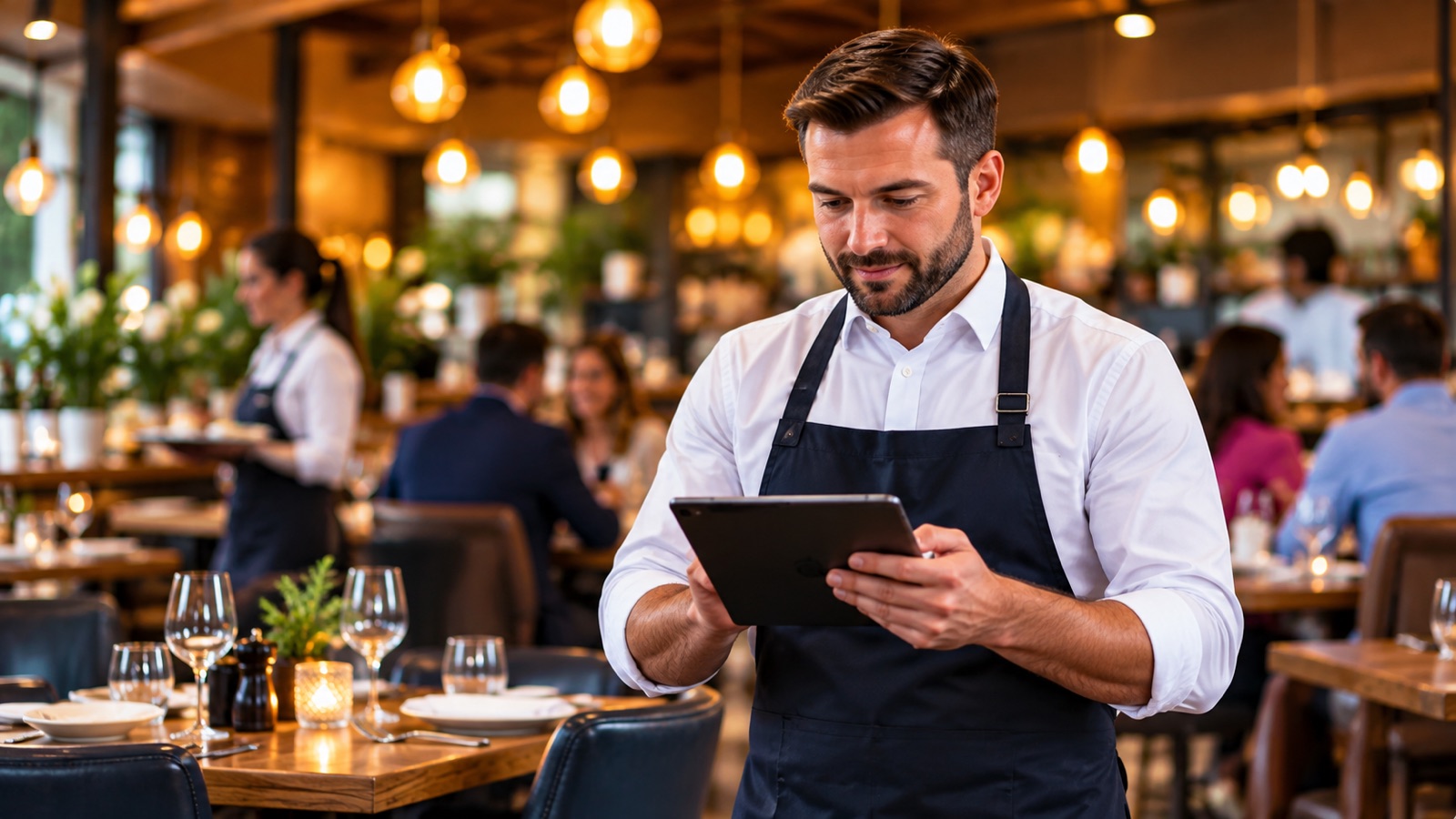 Hospitality manager checking a tablet in a warmly lit restaurant.