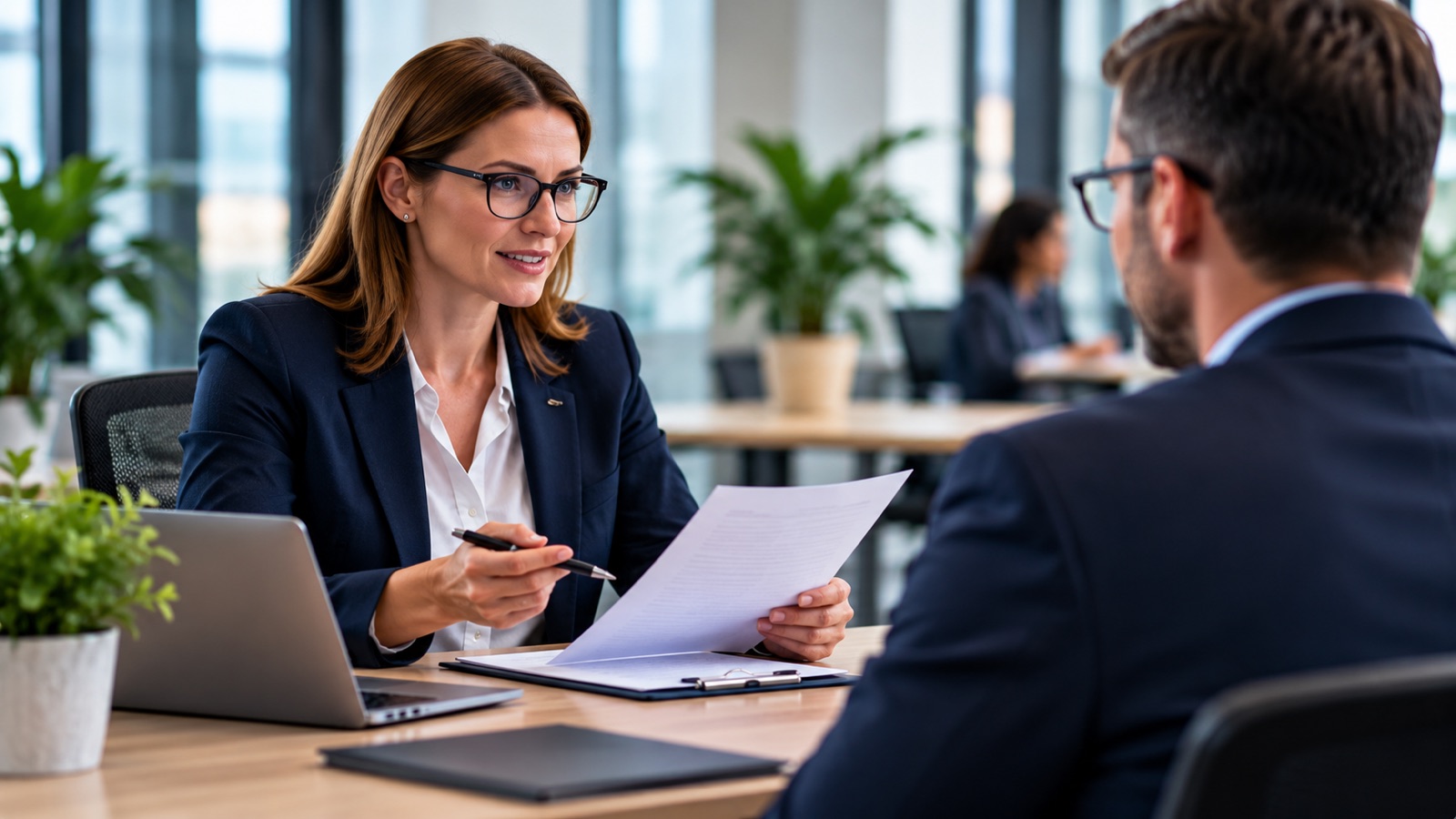 HR professional interviewing a candidate across an office desk.