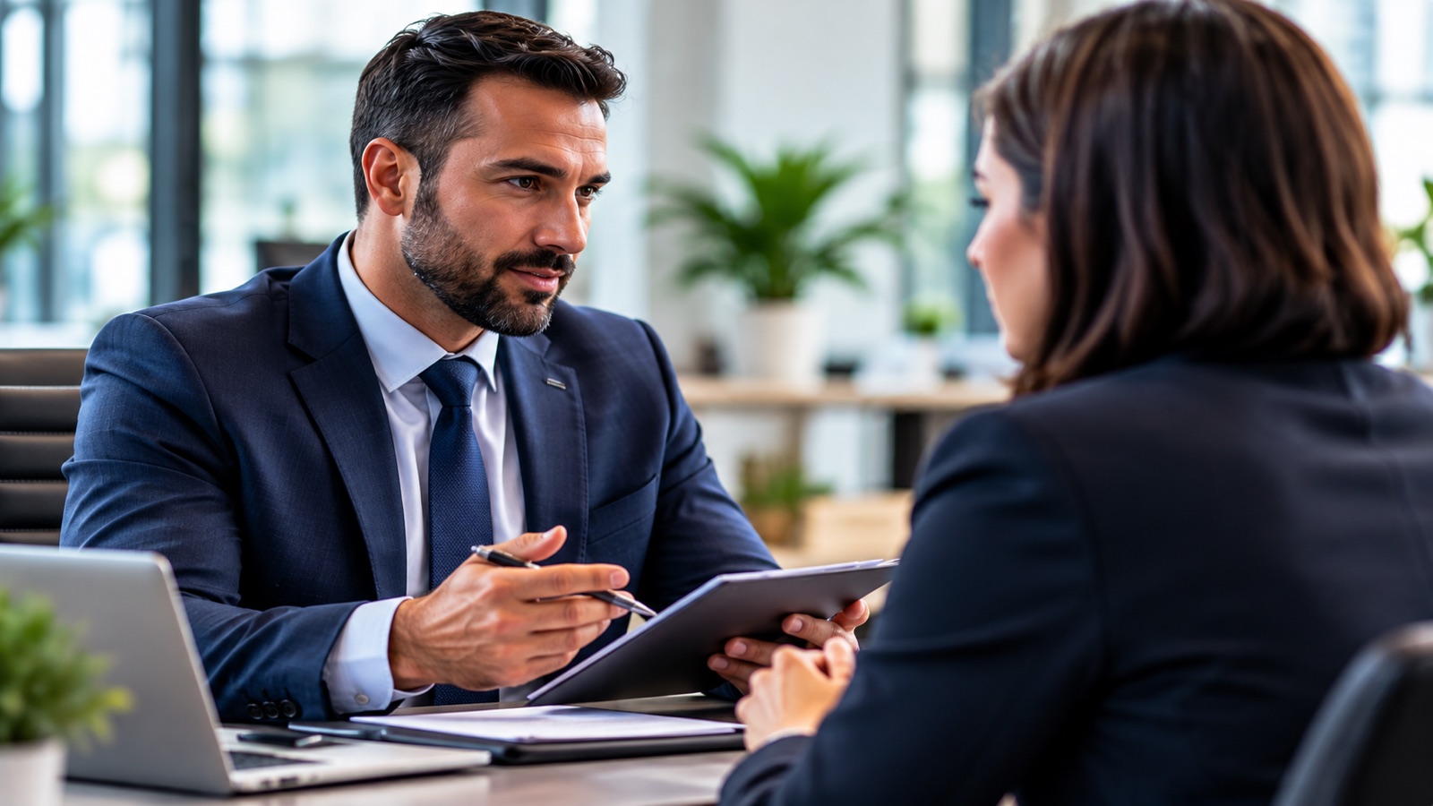 Insurance adviser discussing documents with a client.