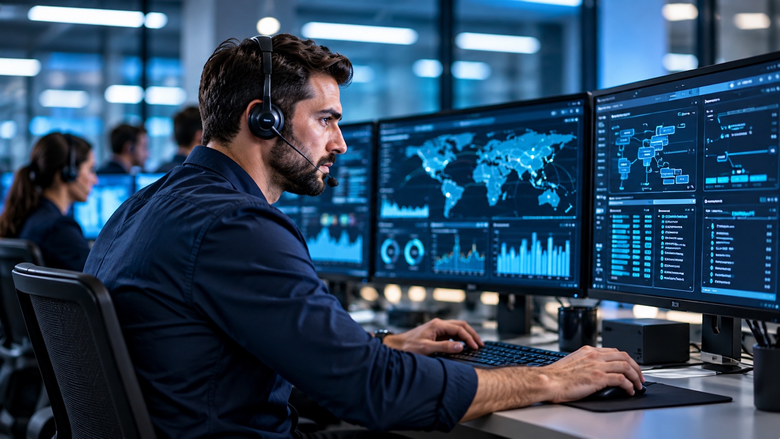 IT support engineer wearing a headset and reviewing system monitoring screens.