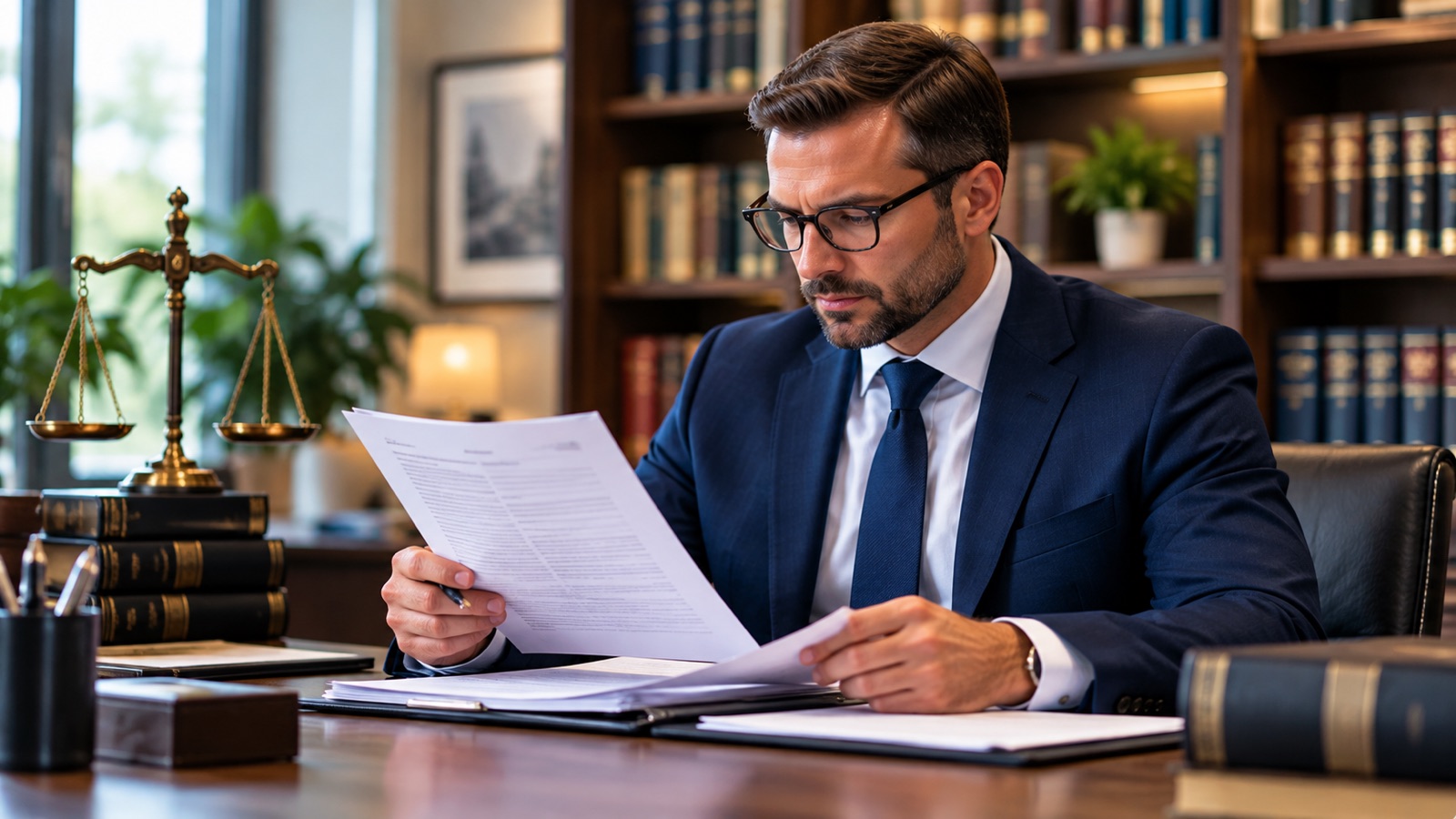 Solicitor reviewing documents beside legal books and balance scales.