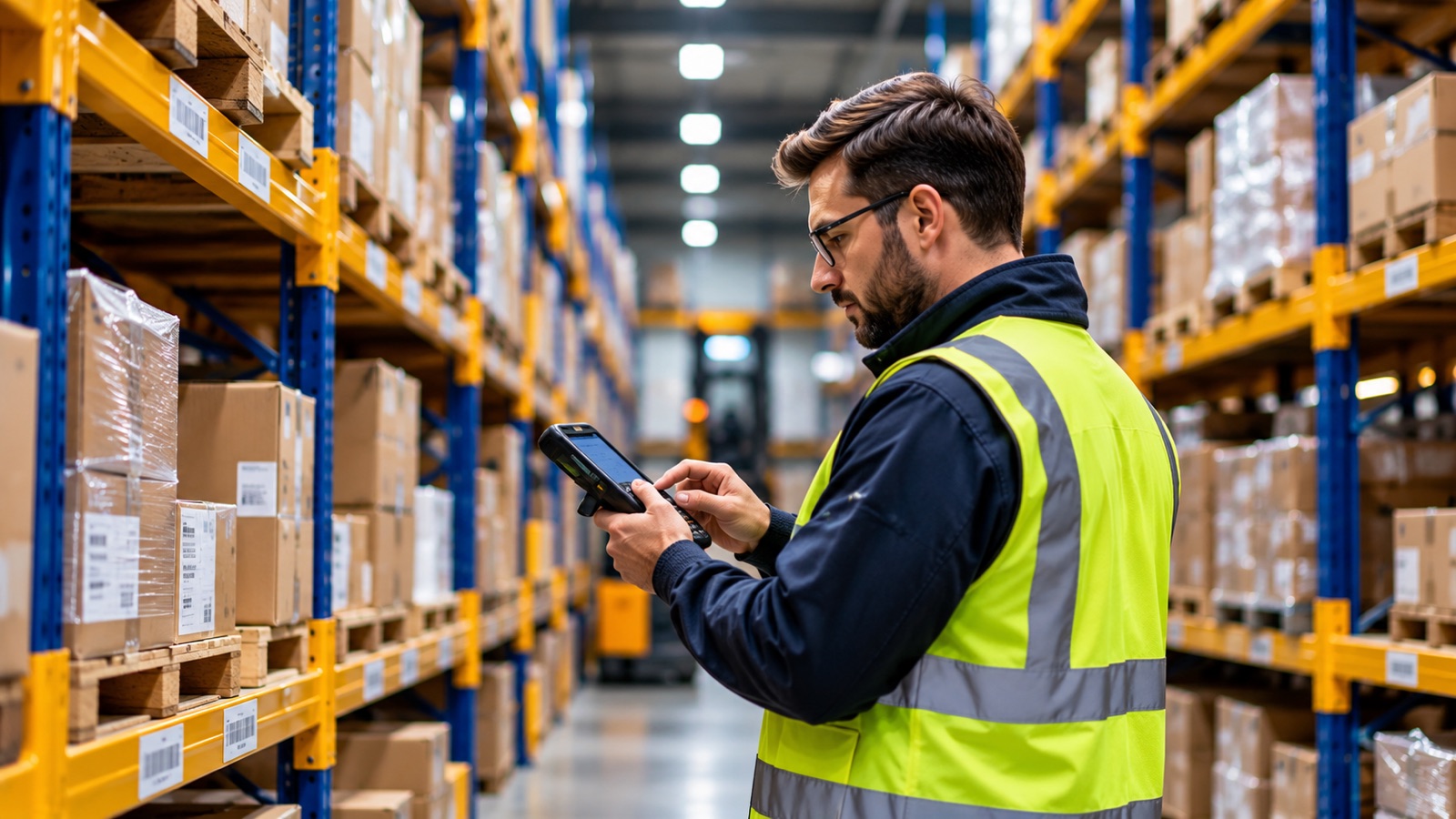 Warehouse coordinator checking a handheld stock scanner beside storage shelves.