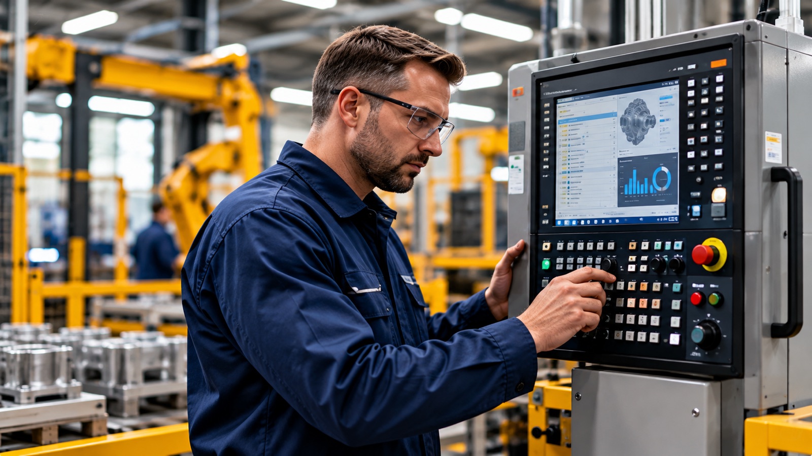 Manufacturing operator using a production control panel in a factory.