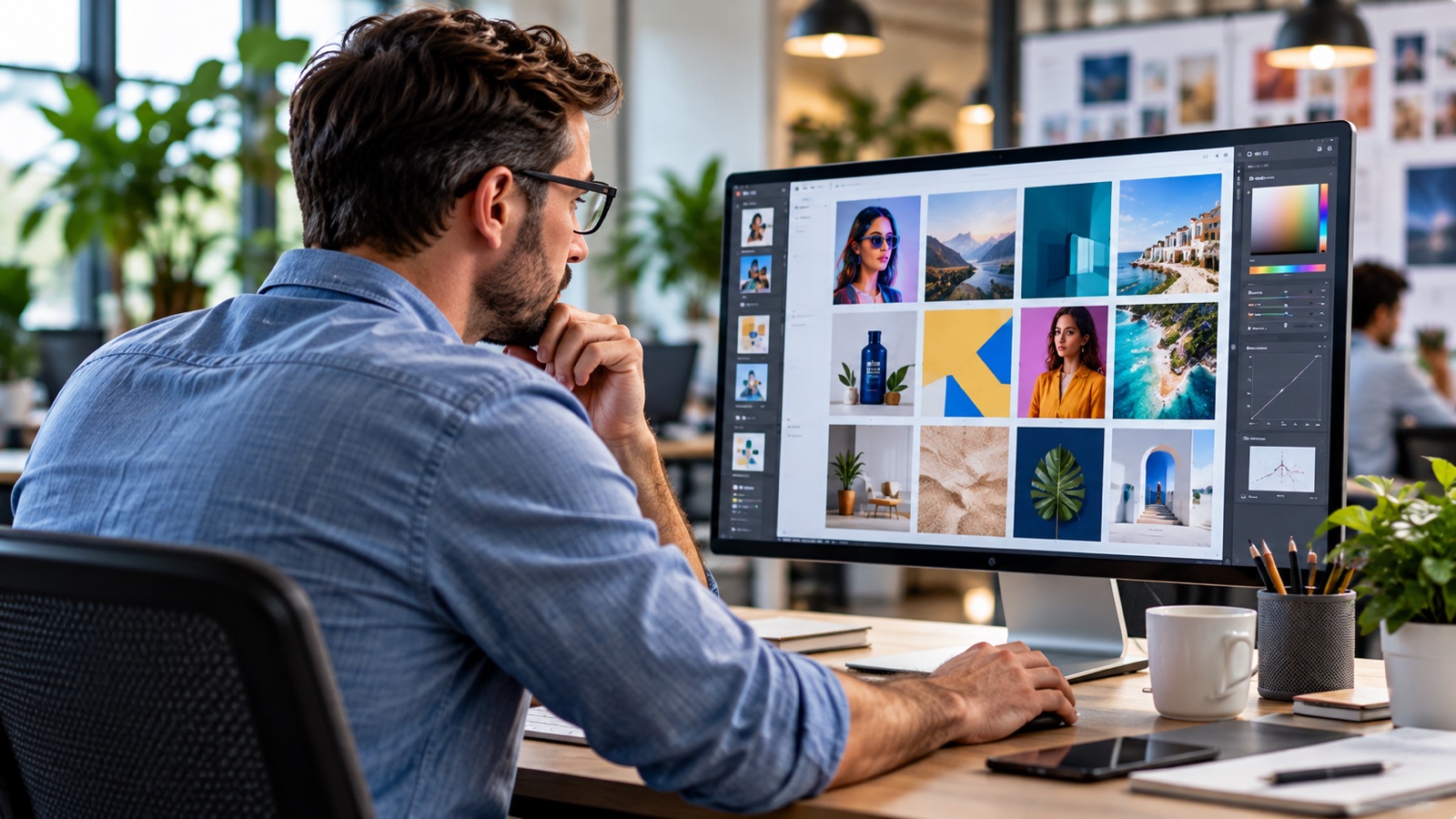 Creative professional reviewing campaign images on a large monitor.